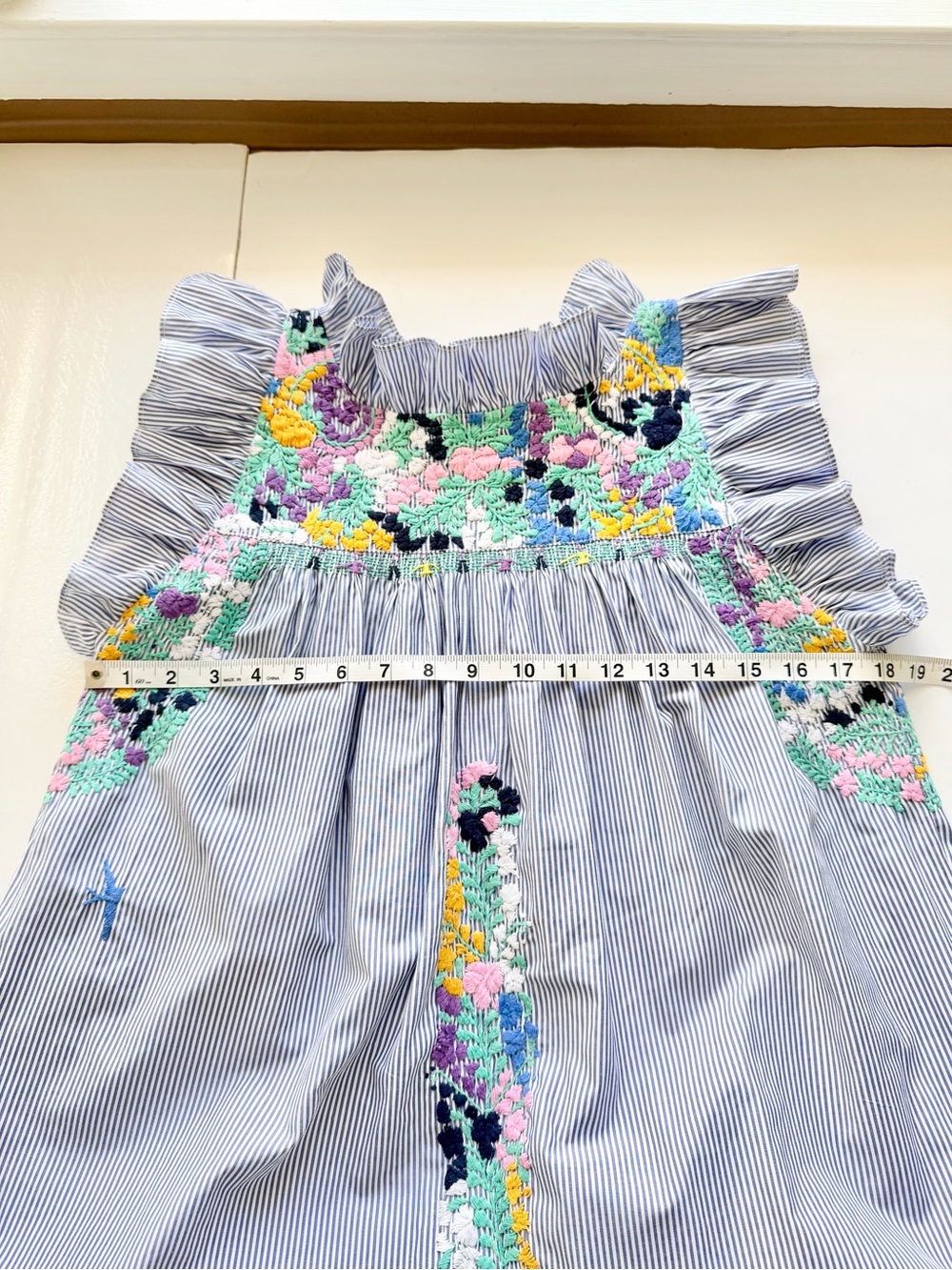 Mi Golondrina Soledad Blue Stripe Embroidered Ruffle Blouse Size Small NWOT - Picture 2 of 4